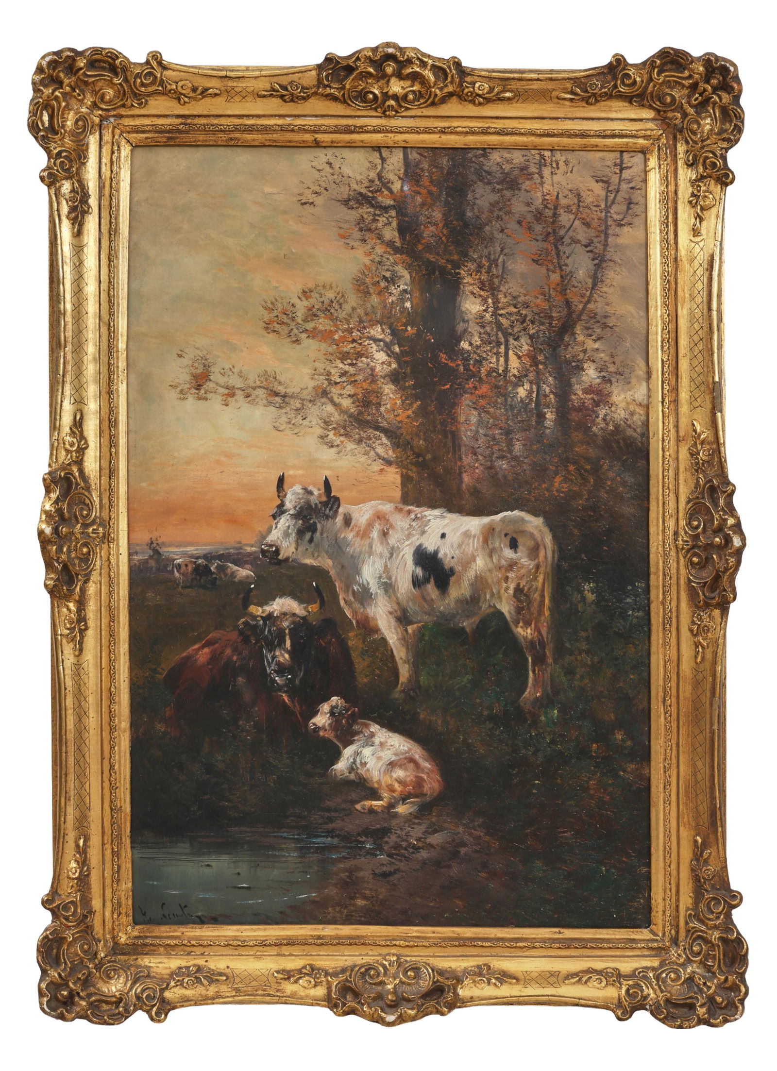 Henry Schouten (Belgium, 1859/1867-1927), "Cows Resting by the Pond," H.- 35 1/2 in., W.- 23 5/8 (1 of 4)