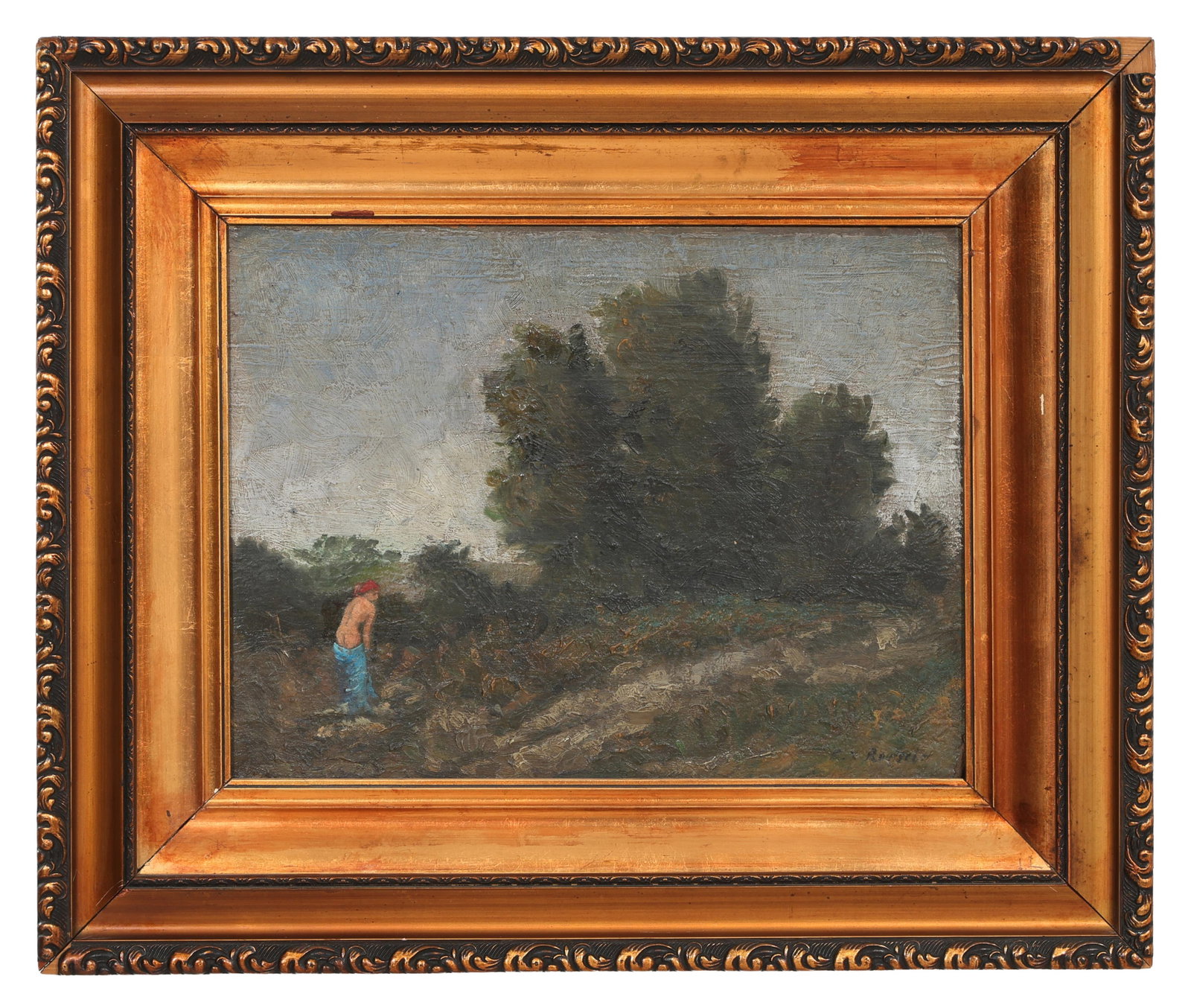 Attributed to Karl Xavier Roussel (French, 1867-1944), "Undressing Female Nude in Landscape,": Attributed to Karl Xavier Roussel (French, 1867-1944), "Undressing Female Nude in Landscape," oil on artist board, signed lower right, with a label en verso in Hungarian from The Forster Gyula Nationa
