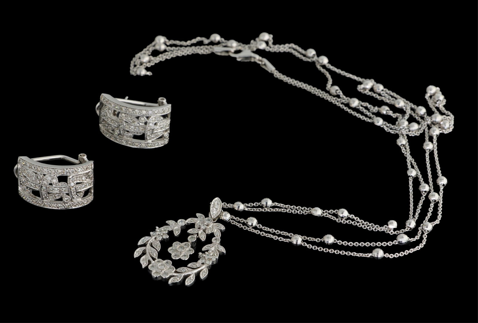 Three Piece 14K White Gold Diamond Jewelry Set, Pendant- H.- 1 1/4 in., W.- 7/8 in.; Chain- L.- 20 (1 of 4)