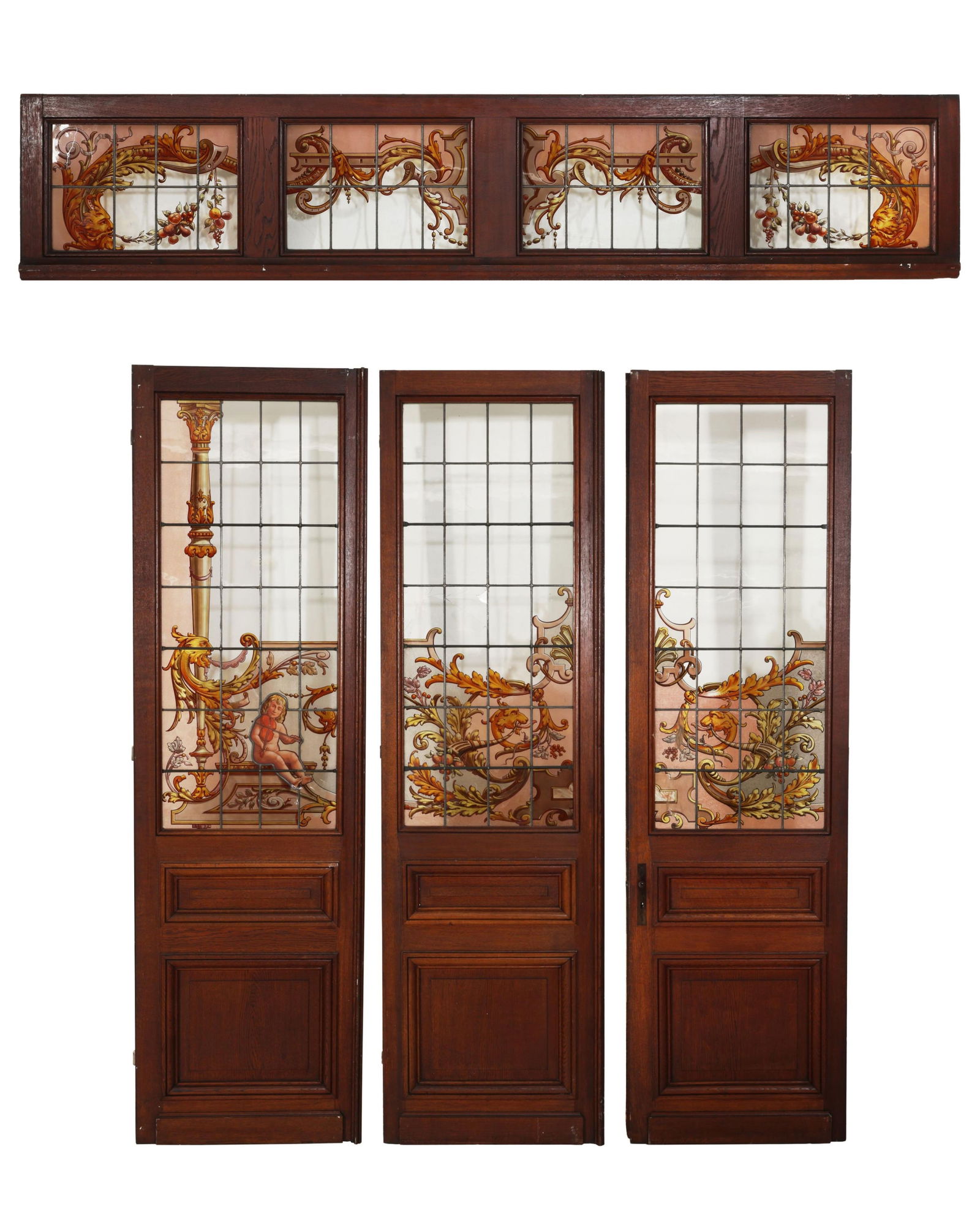 Four Painted Leaded Glass Walnut Architectural Pieces, early 20th c., Doors- H.- 104 in., W.- 30 in. (1 of 10)