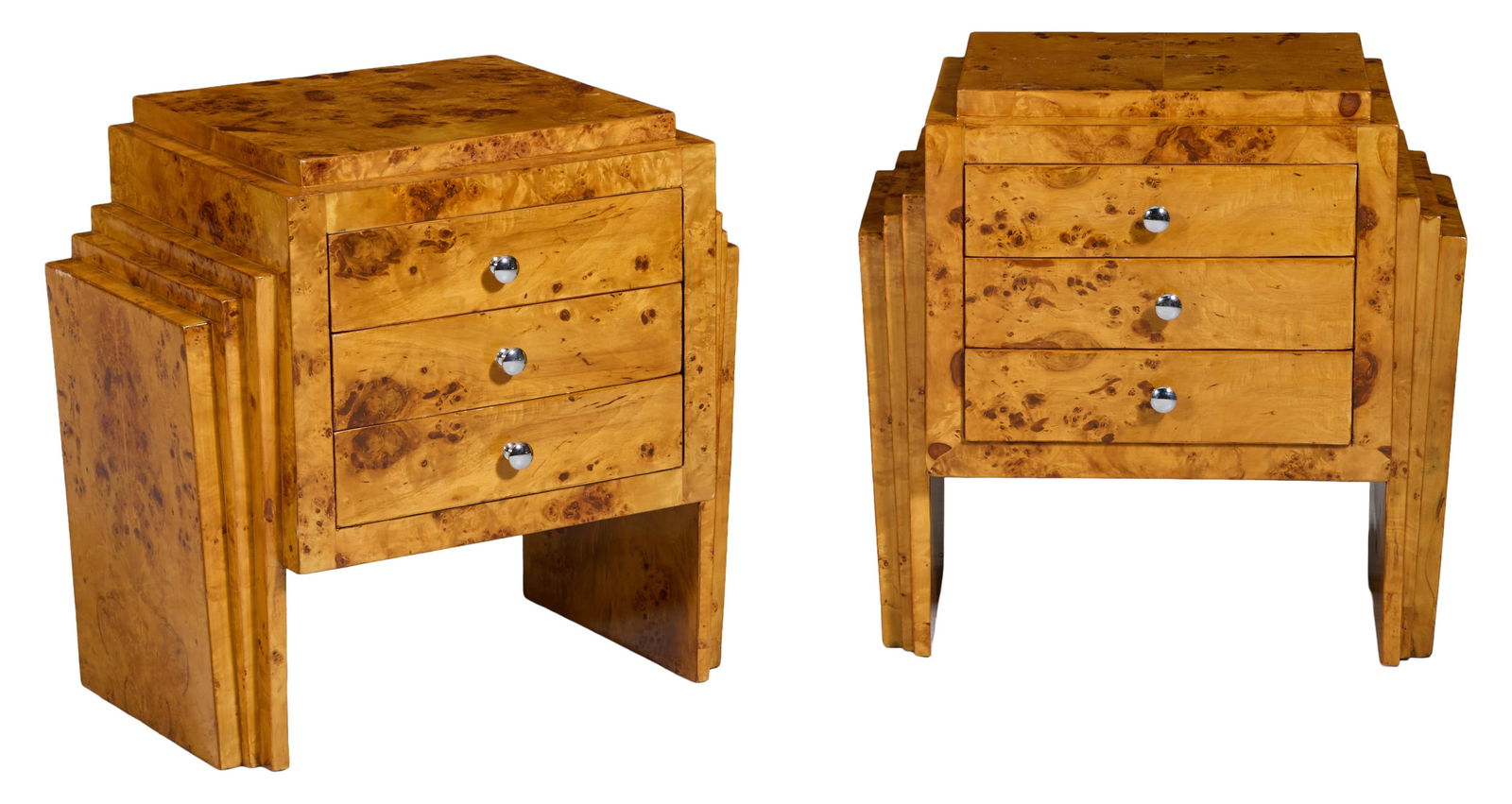 Pair of Art Deco Style Burled Walnut Nightstands, 21st c., H.- 24 in., W.- 24 in., D.- 15 3/4 in. (2 (1 of 1)