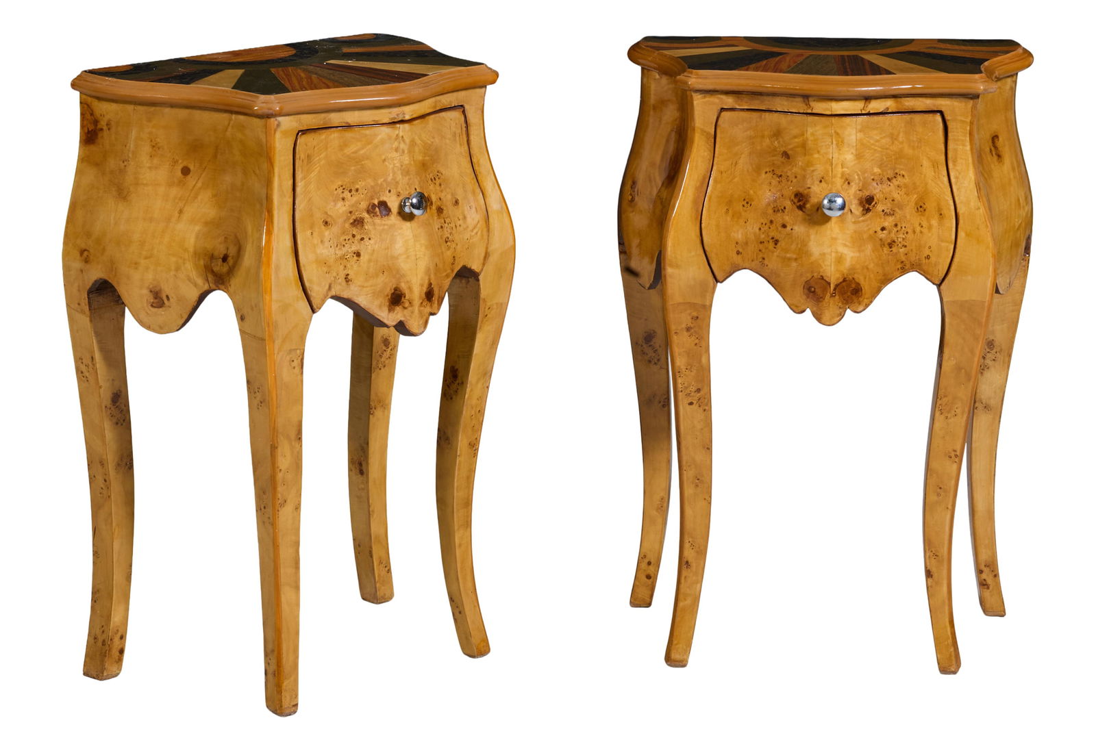 Pair of French Louis XV Style Variegated Inlay Burled Night Stands, 21st c., H.- 28 3/4 in., W.- 19 (1 of 2)