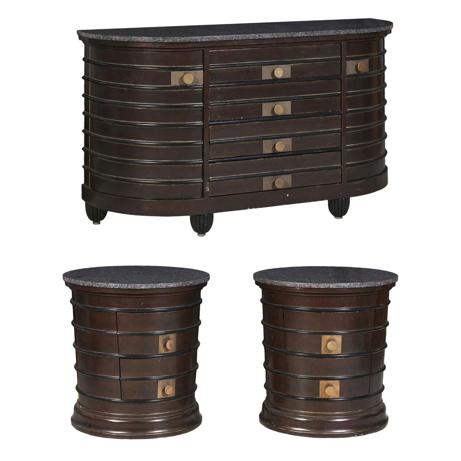 Three Piece Hollywood Regency Inspired Bedroom Group, late 20th c., Dresser- H.- 37 3/4 in., W.- 66: Three Piece Hollywood Regency Inspired Bedroom Group, late 20th c., including granite top dresser and two nightstands, the dresser with four central drawers and rounded end cabinets on lobbed feet, th