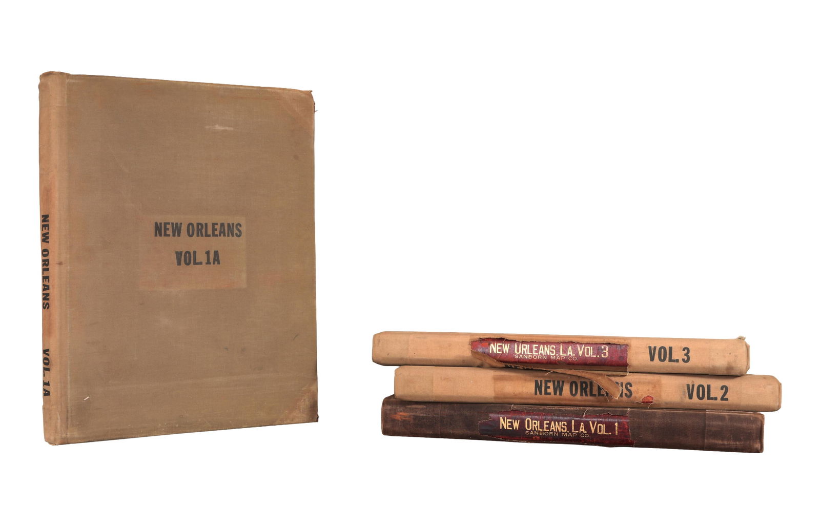 Four Sanborn Fire Insurance Maps of New Orleans, Bound Annals, 1937-1940, H.- 27 1/2 in., W.- 20 1/2: Four Sanborn Fire Insurance Maps of New Orleans, Bound Annals, 1937-1940, consisting of 1937, volume 1, with updates and corrections from 1950-1953, and 1940 volumes 1A, 2 and 3, with updates and corr