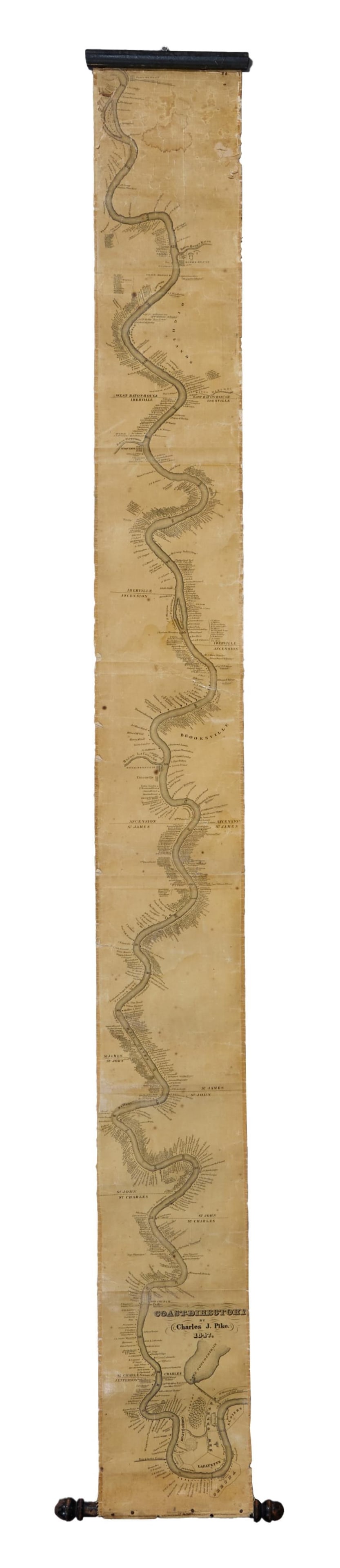 Rare Antebellum Mississippi River Map, "Coast-Directory (Algiers to St. John Parish)," by Charles J.: Rare Antebellum Mississippi River Map, "Coast-Directory (Algiers to St. John Parish)," by Charles J. Pike, 1847, lithograph ribbon map on paper, printed in seven sections and mounted on linen with woo
