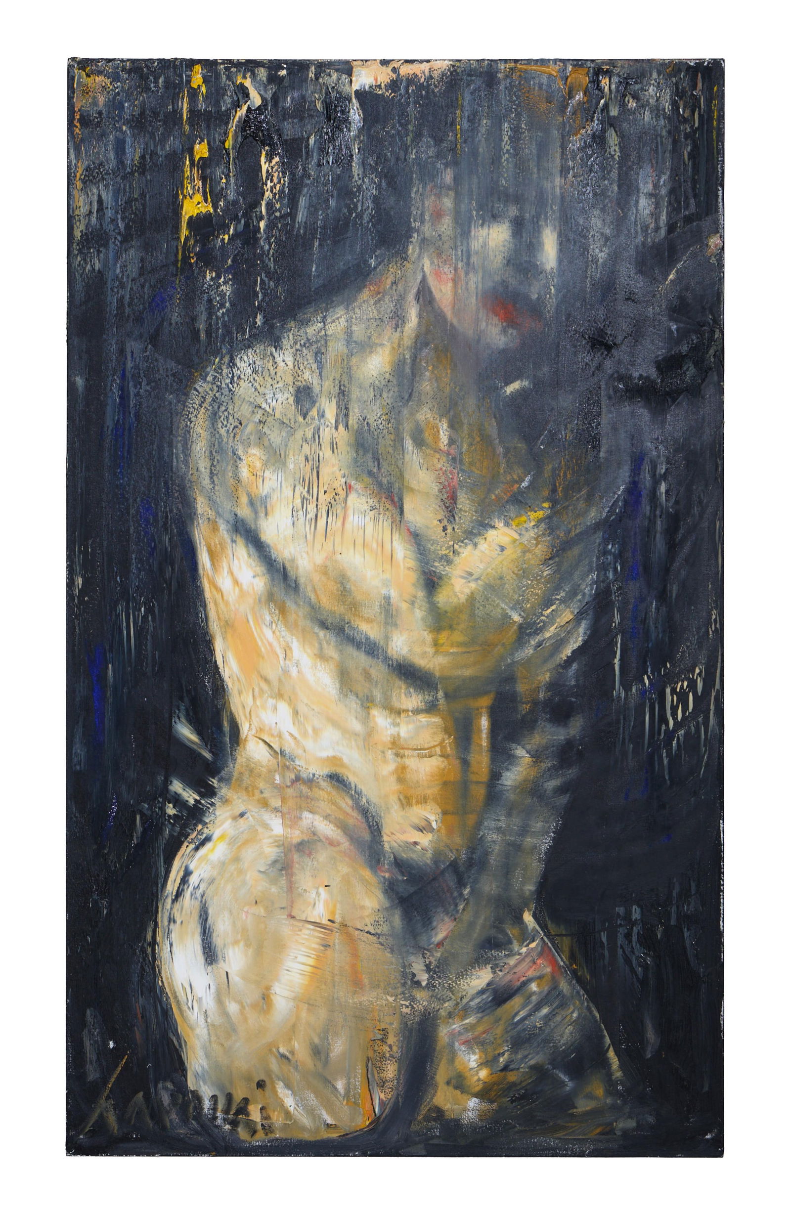 David Harouni (Iranian/New Orleans, b. 1962), "Untitled: Abstract Male Nude," H.- 60 in., W.- 35 7/8: David Harouni (Iranian/New Orleans, b. 1962), "Untitled: Abstract Male Nude," oil on canvas, signed lower left, unframed, H.- 60 in., W.- 35 7/8 in.