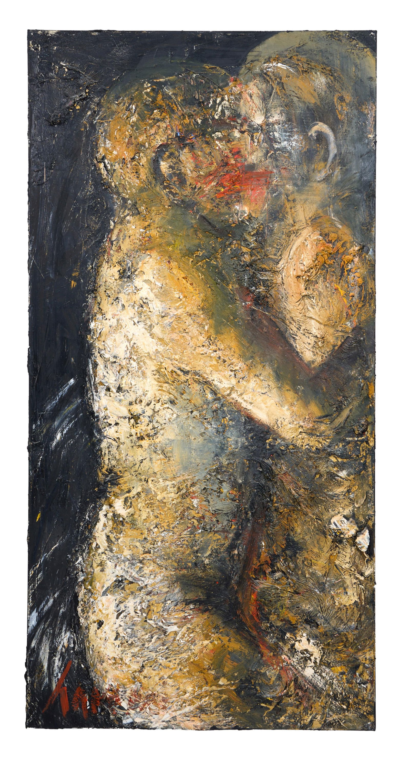 David Harouni (Iranian/New Orleans, b. 1962), "Untitled: Two Lovers Kissing," H.- 48 in., W.- 24 in.: David Harouni (Iranian/New Orleans, b. 1962), "Untitled: Two Lovers Kissing," oil on canvas, signed lower left, unframed, H.- 48 in., W.- 24 in.