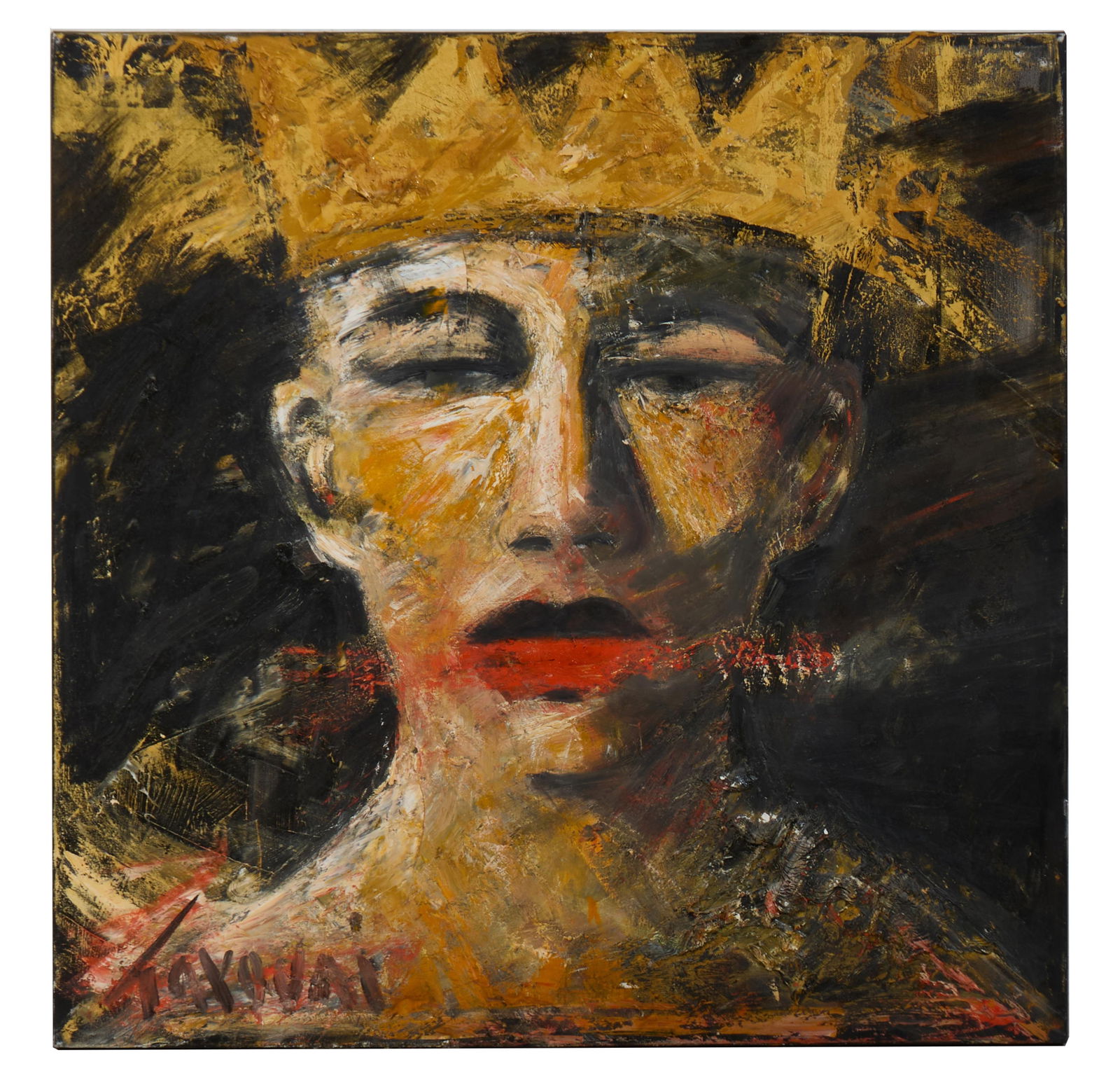 David Harouni (Iranian/New Orleans, b. 1962), "Untitled: Face with Crown Portrait," H.- 48 in., W.-: David Harouni (Iranian/New Orleans, b. 1962), "Untitled: Face with Crown Portrait," oil on canvas, signed lower left, unframed, H.- 48 in., W.- 48 in.
