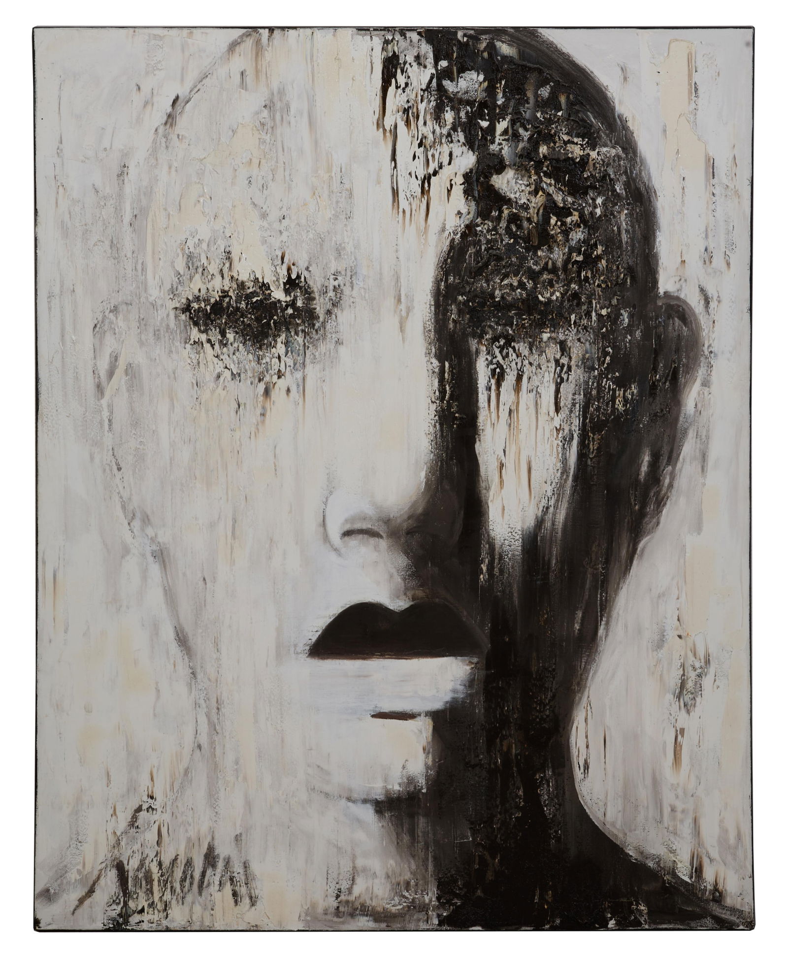 David Harouni (Iranian/New Orleans, b. 1962), "Large Black and White Face," H.- 60 in., W.- 47 3/4: David Harouni (Iranian/New Orleans, b. 1962), "Large Black and White Face," oil on canvas, signed lower left, unframed, H.- 60 in., W.- 47 3/4 in.