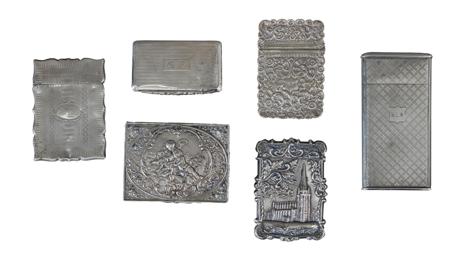 Six Silver Cases, 19th c., Largest- H.- 4 5/8 in., W.- 2 3/8 in., D.- 5/8 in. (6 Pcs.) (1 of 7)