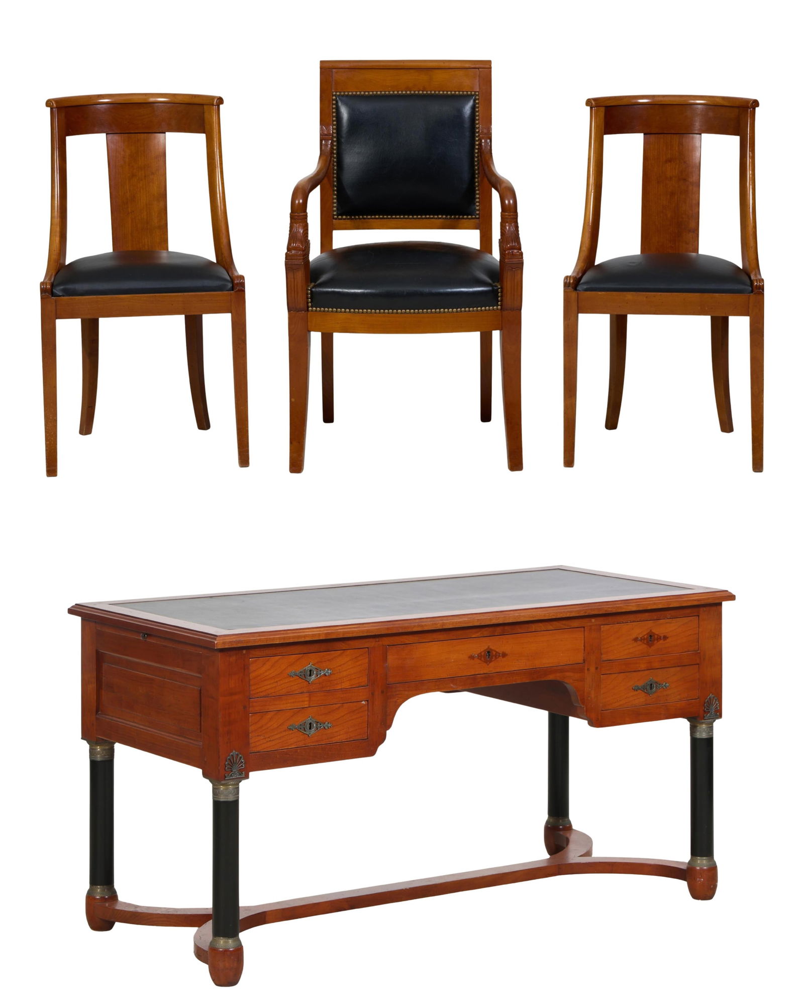 Four Piece French Empire Style Cherry Office Suite, late 20th c., Armchair- H.- 38 in., W.- 23 in., (1 of 8)