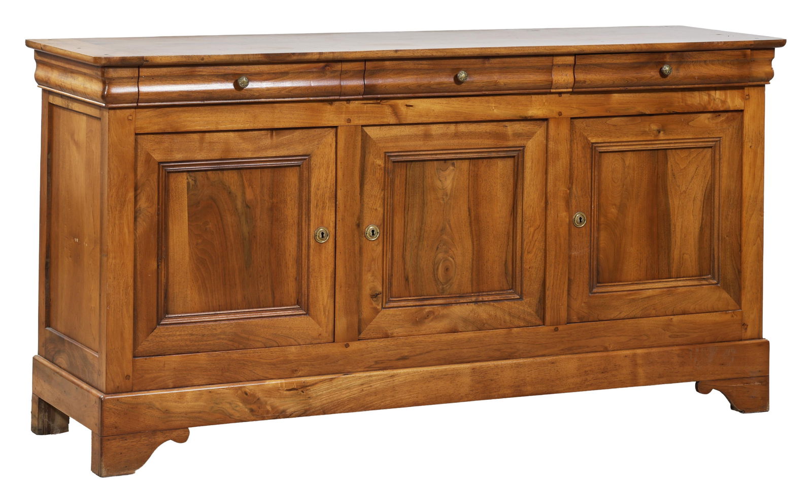 French Louis Philippe Figured Walnut Enfilade, mid 19th c., H.- 38 3/4 in., W.- 75 1/4 in., D.- 22: French Louis Philippe Figured Walnut Enfilade, mid 19th c., the rectangular top with rounded corners, three cyma frieze drawers, three cabinet doors, scrolled bracket feet, H.- 38 3/4 in., W.- 75 1/4