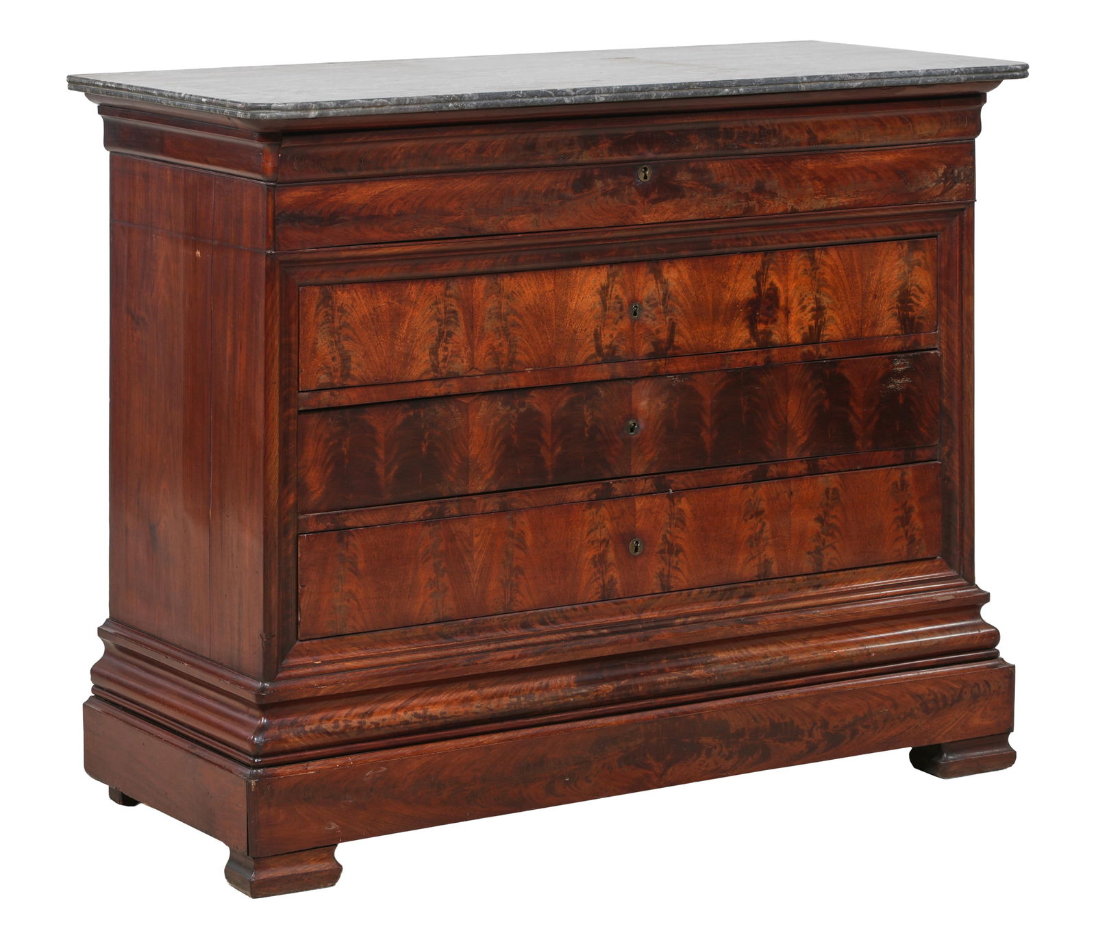 French Louis Philippe Marble Top Walnut Commode, mid 19th c., H.- 40 in., W.- 49 1/2 in., D.- 21 1/2 (1 of 2)