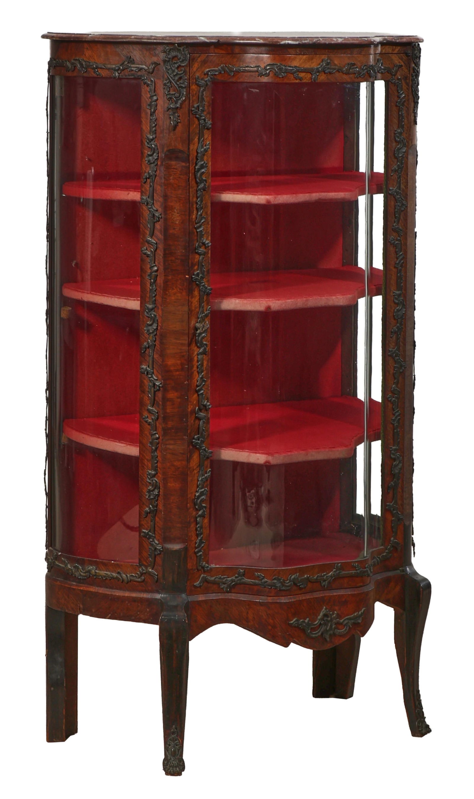 French Napoleon III Ormolu Mounted Marble Top Parquetry Curio Cabinet, late 19th c., H.- 56 in., W.- (1 of 3)