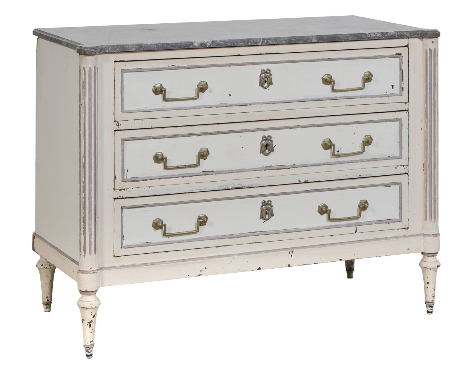 French Louis XVI Style Marble Top Creme Peinte Commode, late 19th c., H.- 33 1/2 in., W.- 44 in., (1 of 2)