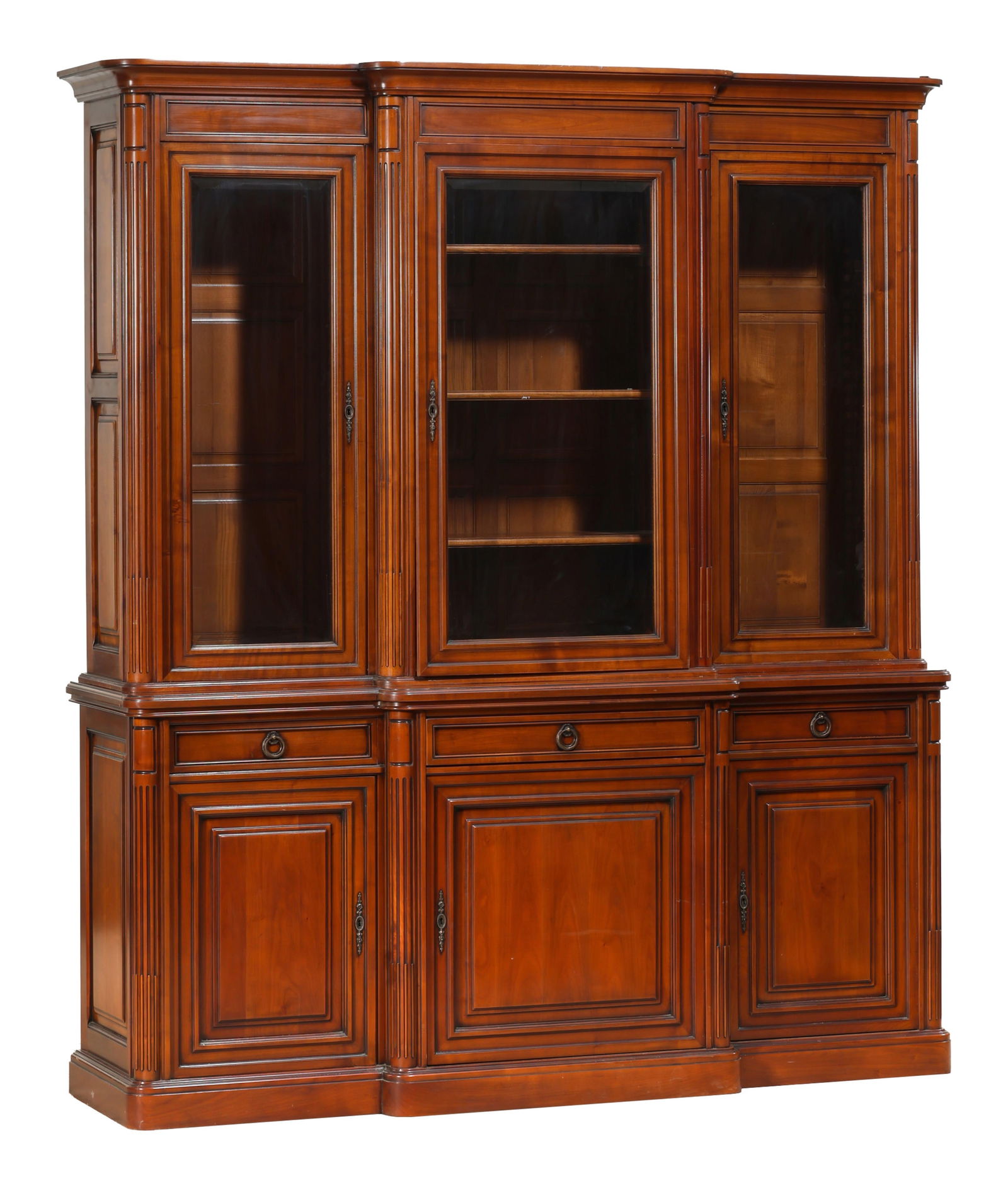 French Louis XVI Style Cherry Breakfront Bookcase, late 20th c., H.- 88 1/2 in., W.- 76 in., D.- 22 (1 of 1)