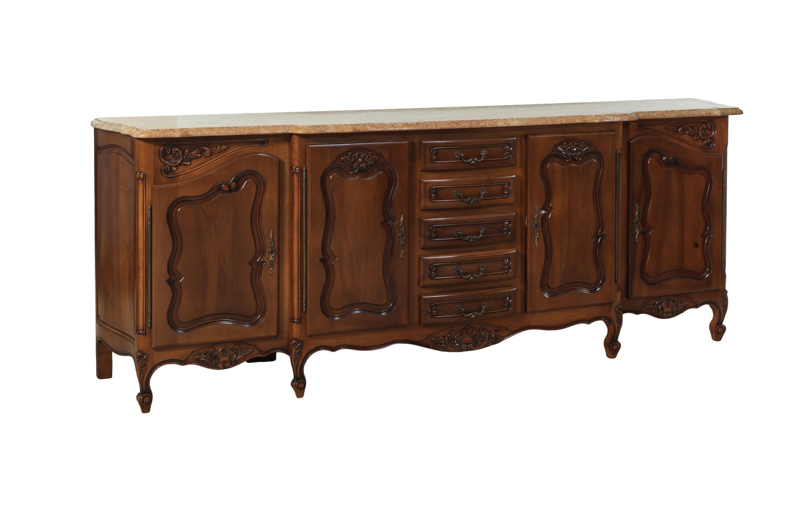French Louis XV Style Marble Top Breakfront Enfilade, mid to late 20th c., H.- 40 1/2 in., W.- 111 (1 of 2)