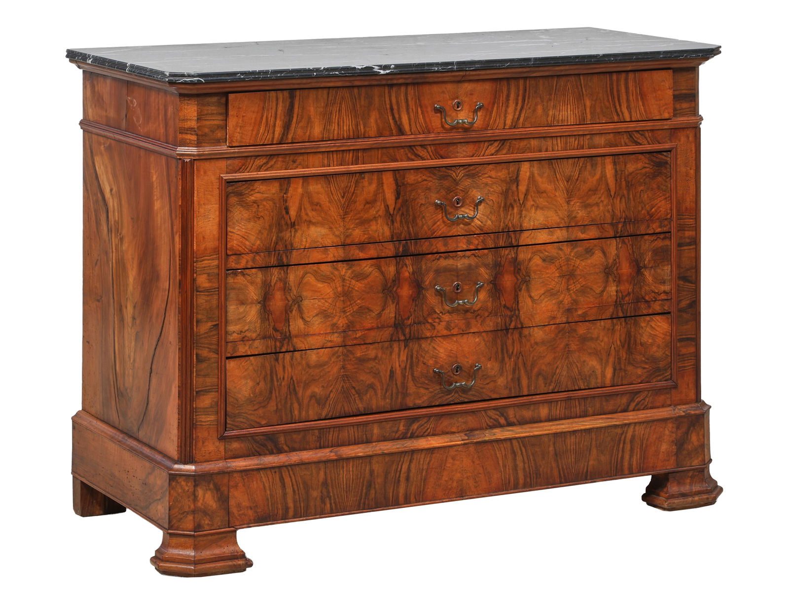 French Louis Philippe Marble Top Walnut Commode, mid 19th c., H.- 39 1/4 in., W.- 51 1/4 in., D.- 23 (1 of 2)