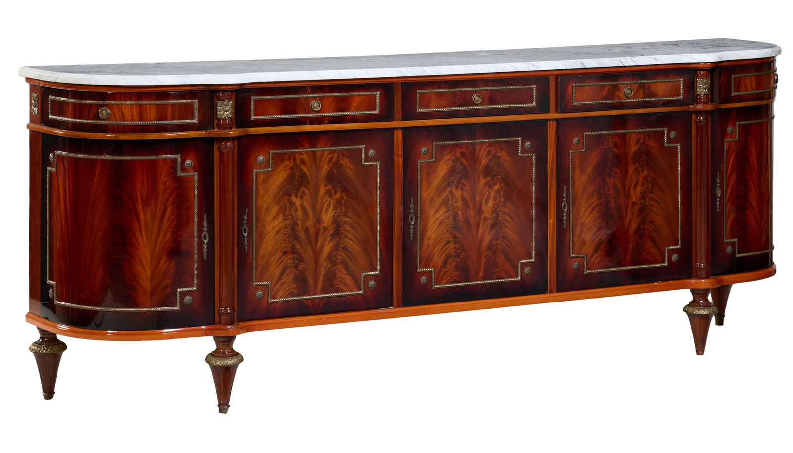 French Louis XVI Style Marble Top Walnut Enfilade, mid 20th c., H.- 40 in., W.- 104 in., D.- 22 in. (1 of 2)