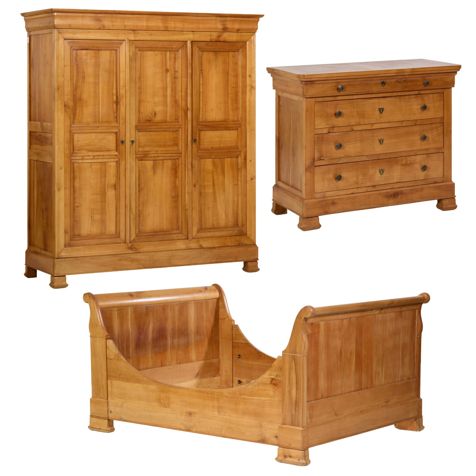 Three Piece French Louis Philippe Pine Bedroom Suite, 19th c., Commode- H.- 36 in., W.- 44 1/2 in., (1 of 4)
