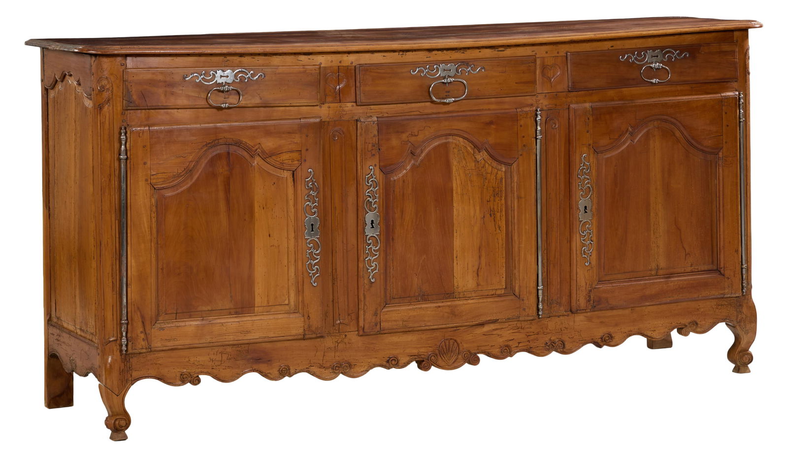 French Provincial Louis XV Style Cherry Sideboard, mid 19th c., H.- 45 in., W.- 91 in., D.- 23 in. (1 of 1)