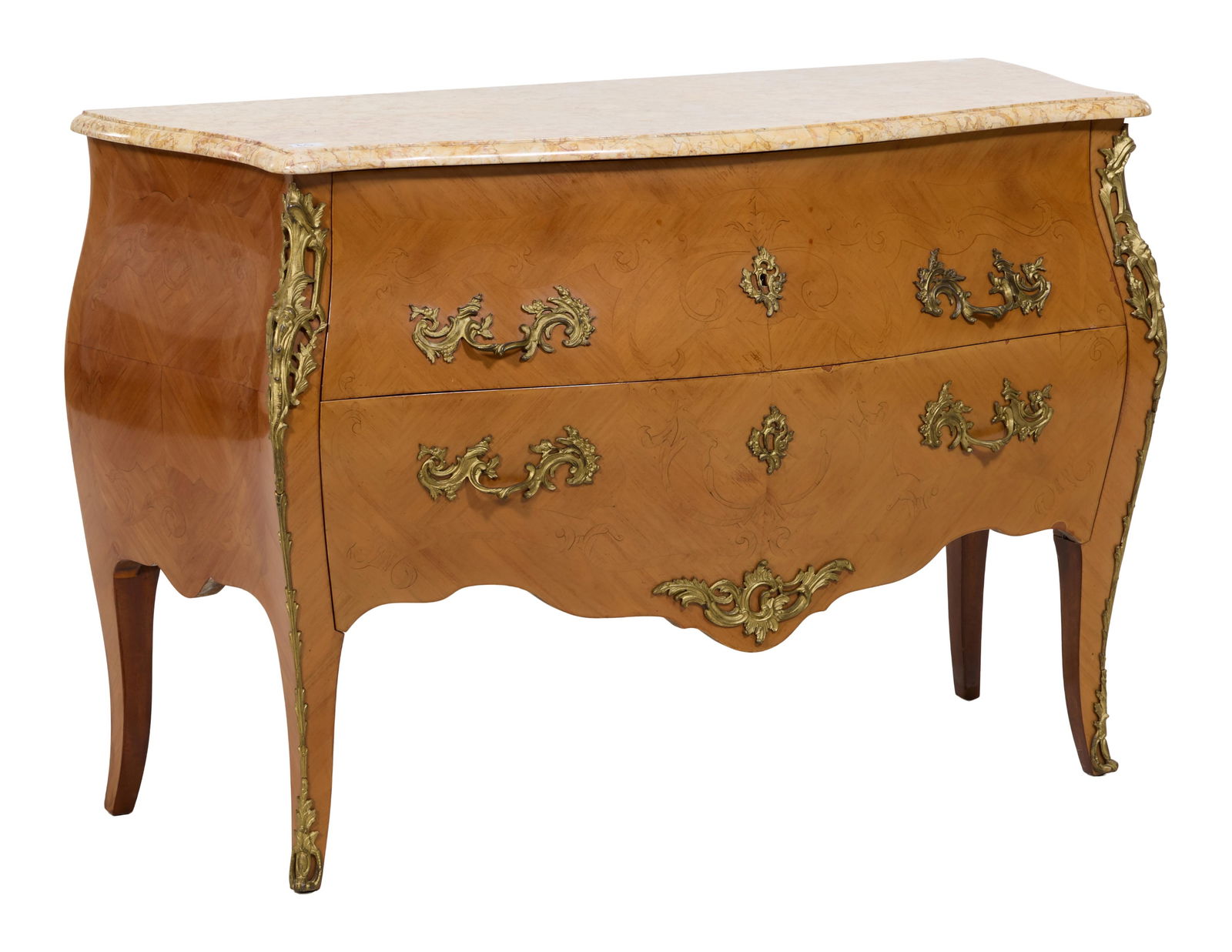 French Louis XV Style Ormolu Mounted Marquetry Parquetry Walnut Bombe Marble Top Commode, mid 19th (1 of 2)