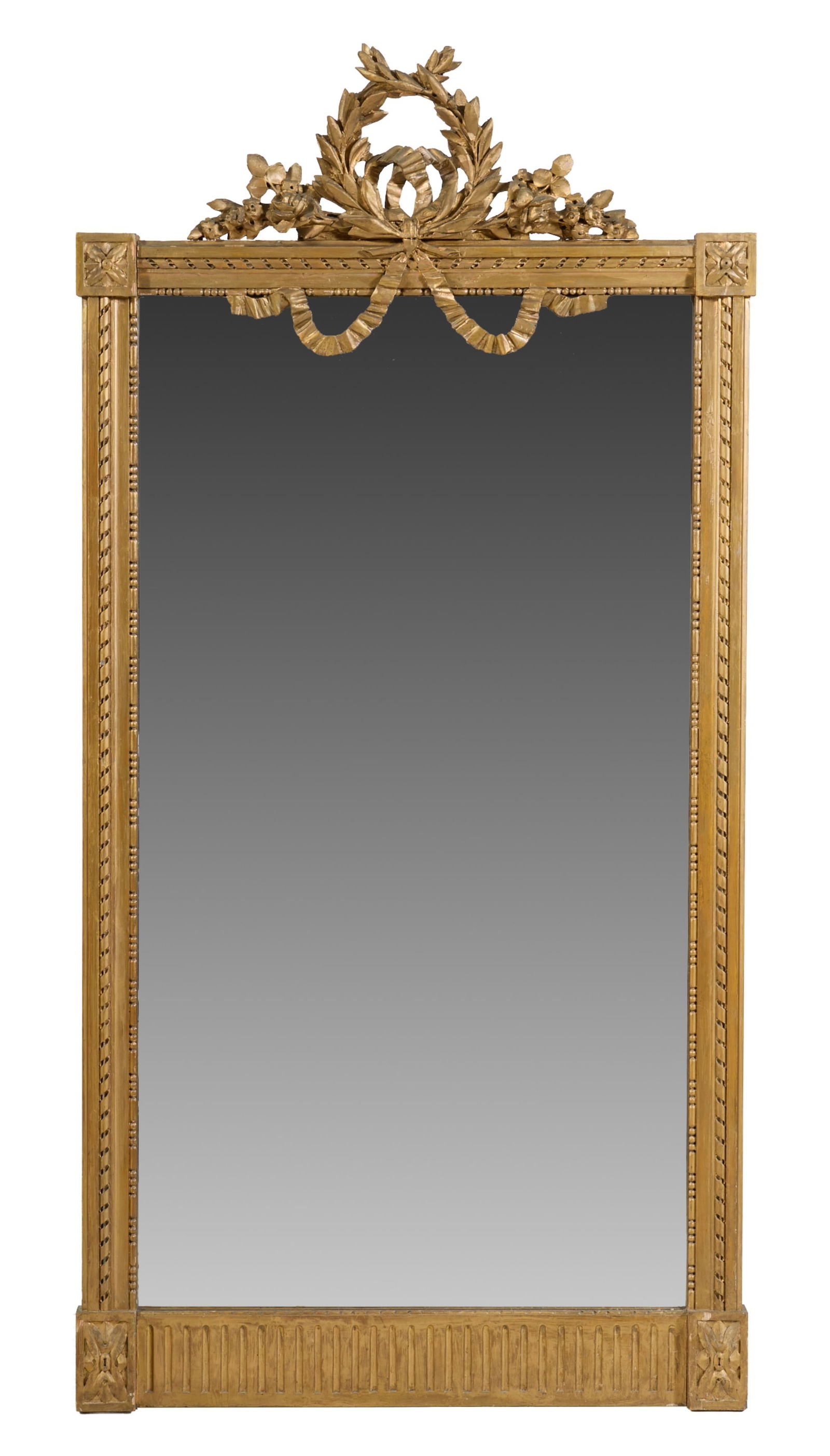 French Louis XVI Style GIltwood and Gesso Overmantel Mirror, early 19th c., H.- 63 in., W.- 31 in. (1 of 2)