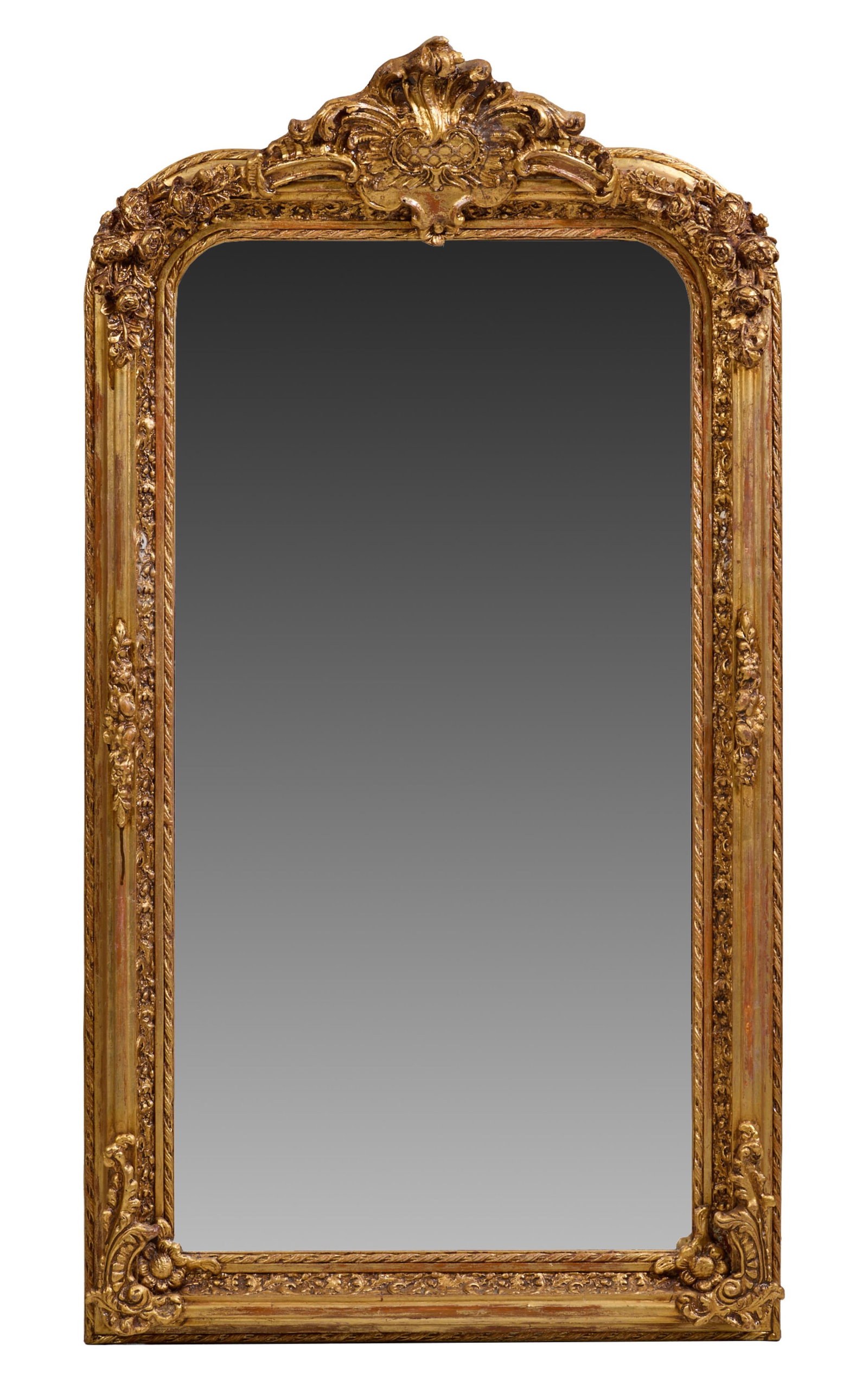 Louis XVI Style Gilt Overmantel Mirror, 21st c., H.- 62 in., W.- 34 in. (1 of 2)