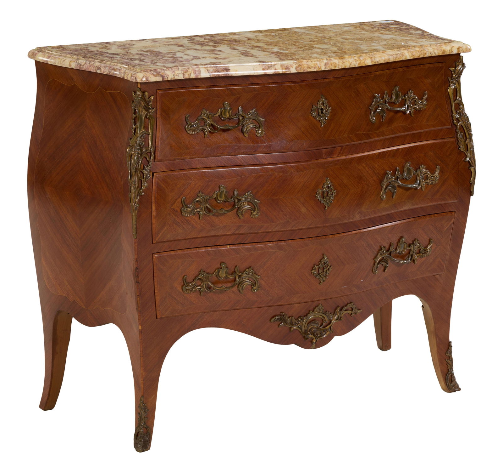 French Louis XV Style Ormolu-Mounted Marble-Top Parquetry Bombe Commode, early to mid 20th c., H.- (1 of 2)