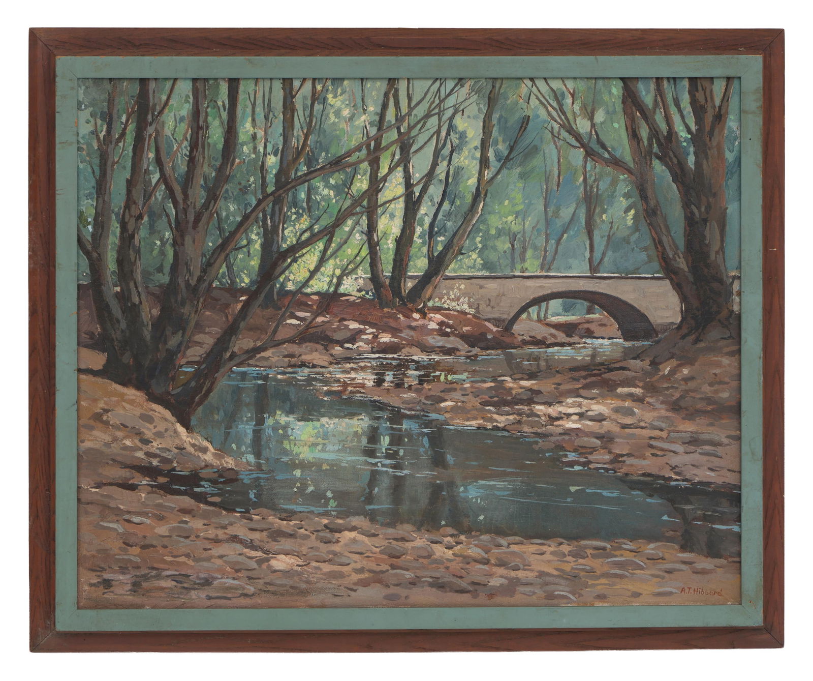Aldro Thompson Hibbard (American, 1886-1972), "Fall Landscape with Bridge over Water," H.- 16 in.,: Aldro Thompson Hibbard (American, 1886-1972), "Fall Landscape with Bridge over Water," oil on canvas, signed lower right, presented in a wood frame, H.- 16 in., W.- 20 in., Framed- H.- 18 3/4 in., W.-