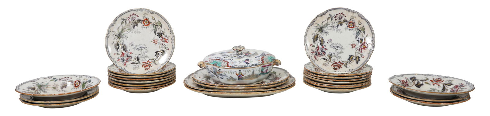 Twenty-Six Pieces of Hand Painted Ironstone Dinnerware, 19th c., Plate- H.- 1 1/8 in., Dia.- 9 3/4 (1 of 9)