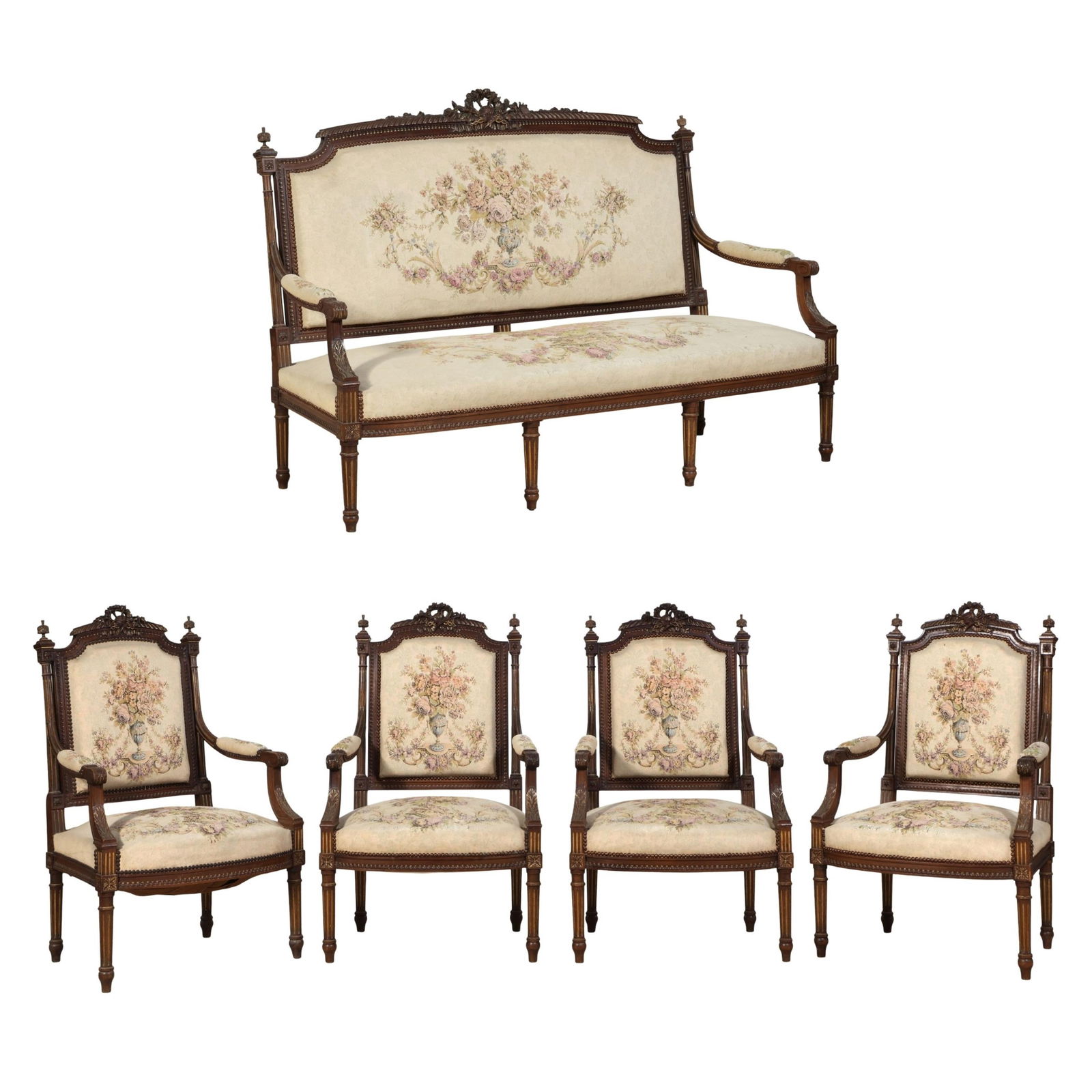 Five Piece French Louis XVI Style Gilt Walnut Seating Group, late 19th c., Settee- H.- 46 in., W.- (1 of 5)