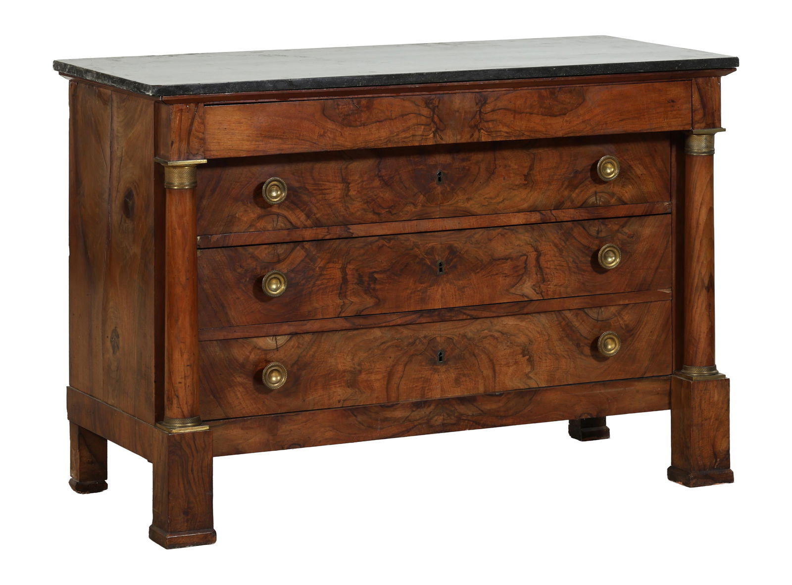 French Empire Marble Top Burled Walnut Commode, early 19th c., H.- 35 1/2 in., W.- 51 1/4 in., D.- (1 of 2)