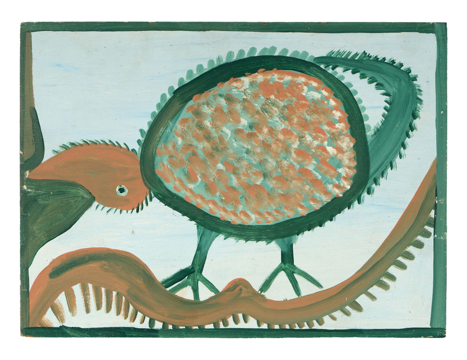 Mose Ernest Tolliver (American/Alabama, 1920-2006), "Possum [sic.]," H.- 13 1/4 in., W.- 18 in.: Mose Ernest Tolliver (American/Alabama, 1920-2006), "Possum [sic.]," house paint on wood panel, unsigned, unframed, H.- 13 1/4 in., W.- 18 in. Provenance: Brunk Auctions, Asheville, N.C., Sept. 12, 20