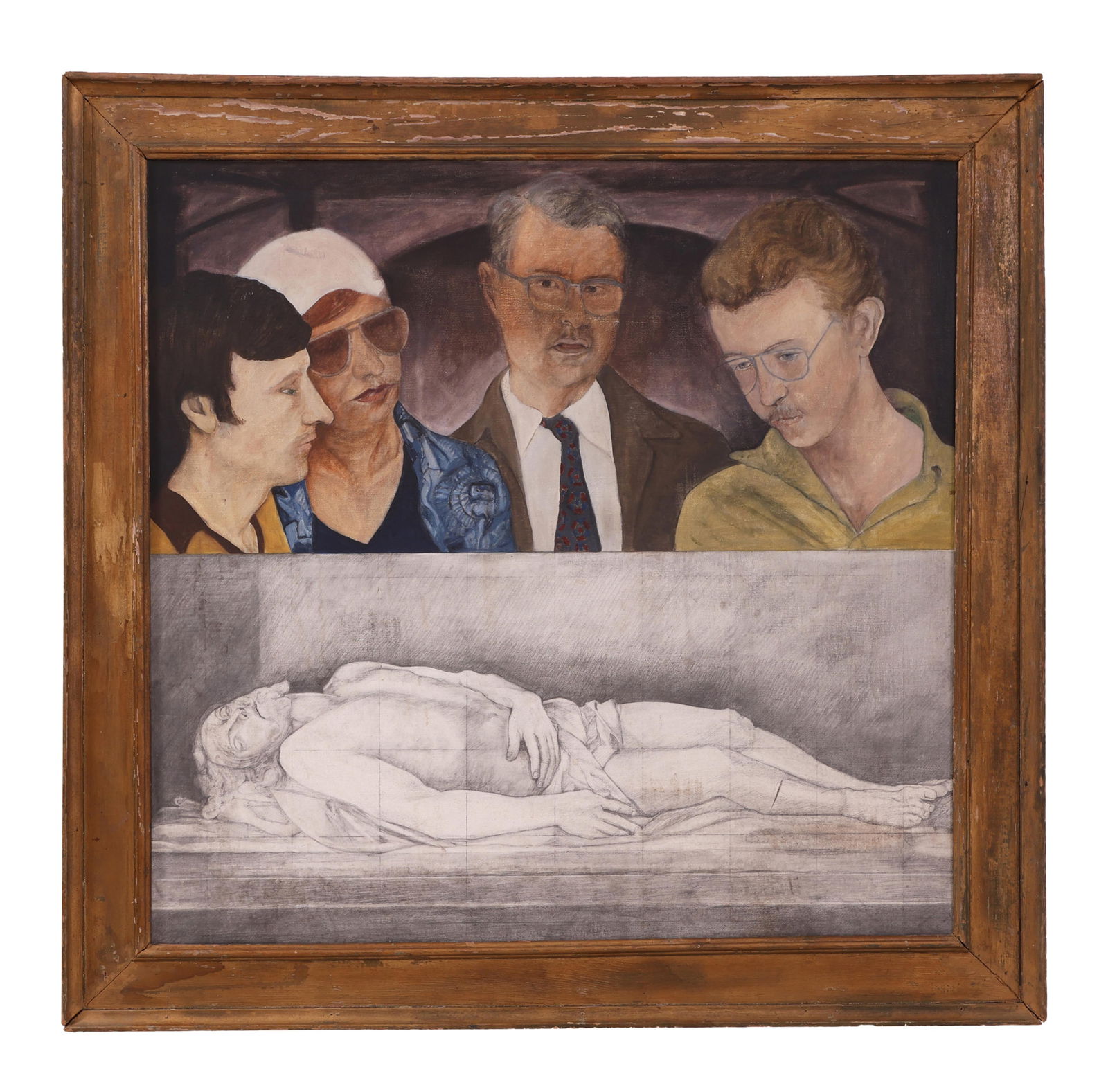 Ann Henderson (American, 20th/21st Century), "The Entombment," H.- 36 in., W.- 36 in., Framed- H.-: Ann Henderson (American, 20th/21st Century), "The Entombment," mixed media: oil and graphite on canvas laid to panel, unsigned, titled on label en verso, presented in a giltwood frame, H.- 36 in., W.-