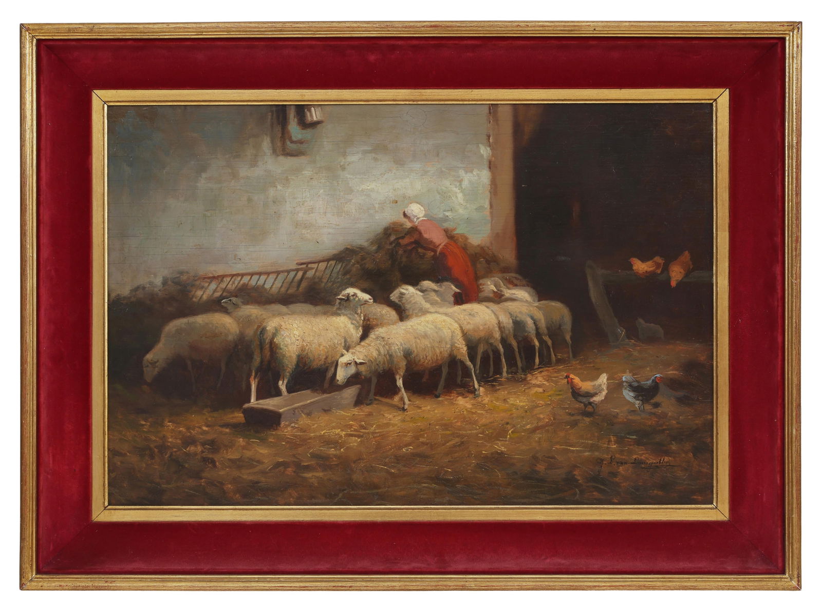 Jef Louis van Leemputten (Belgian, 1865-1948), "Genre Painting of Shepherdess with Sheep," H.- 15 (1 of 4)