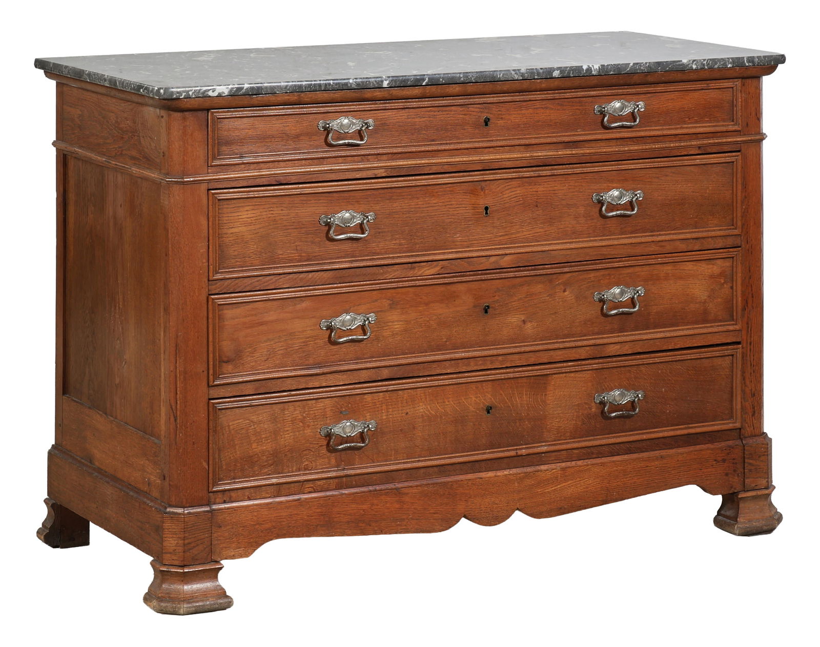 French Louis Philippe Marble Top Walnut Commode, 19th c., H.- 36 3/4 in., W.- 51 in., D.- 23 3/4 in. (1 of 2)