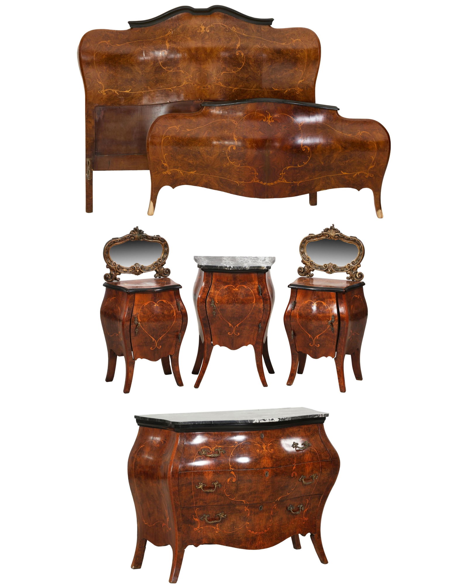 Five Piece Continental Marquetry Burled Walnut Bombe Bedroom Suite, 20th c., Bed Headboard- H.- 56 (1 of 10)