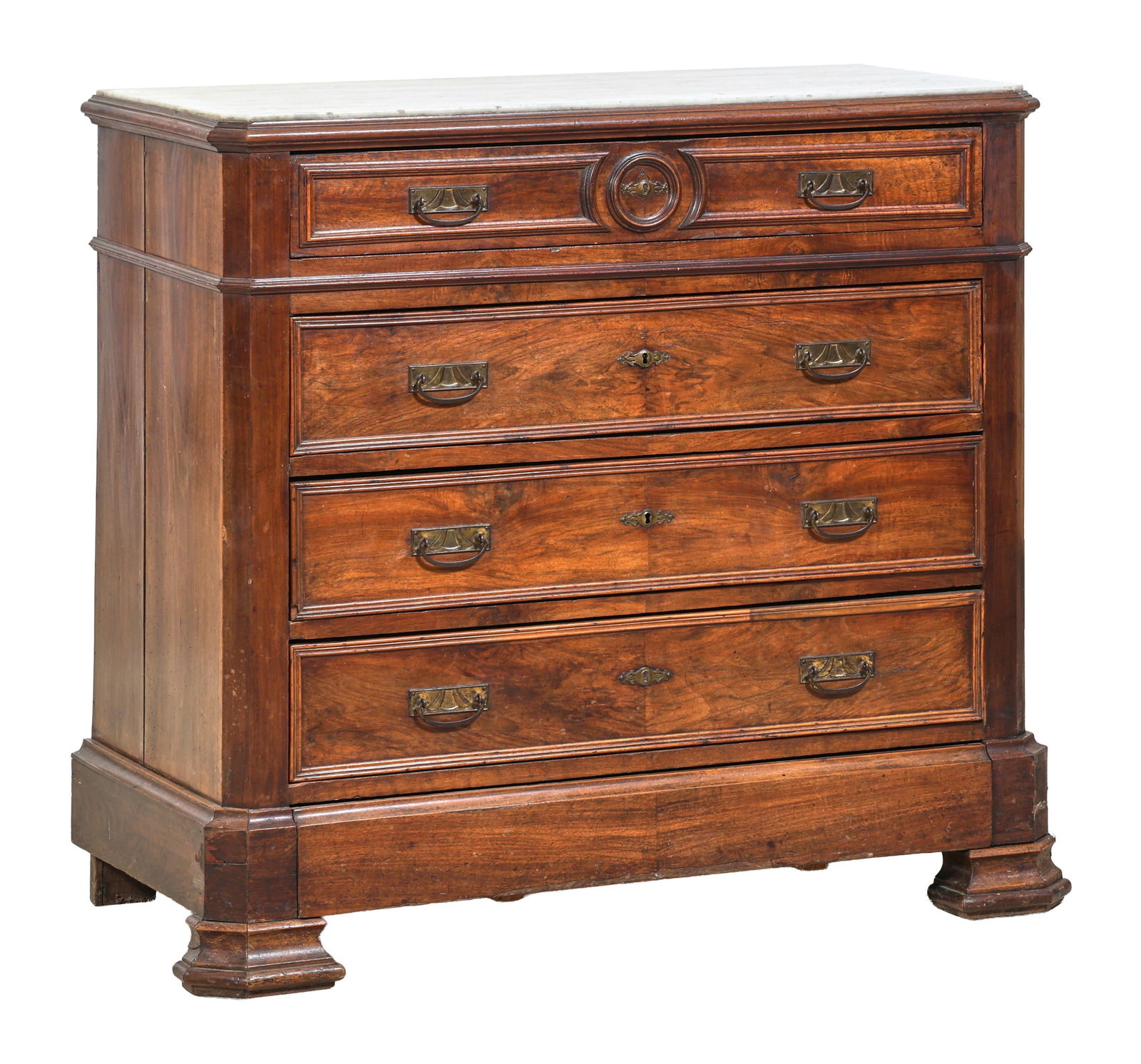 French Louis Philippe Marble Top Walnut Commode, mid 19th c., H.- 38 3/4 in., W.- 43 in., D.- 21 in. (1 of 2)