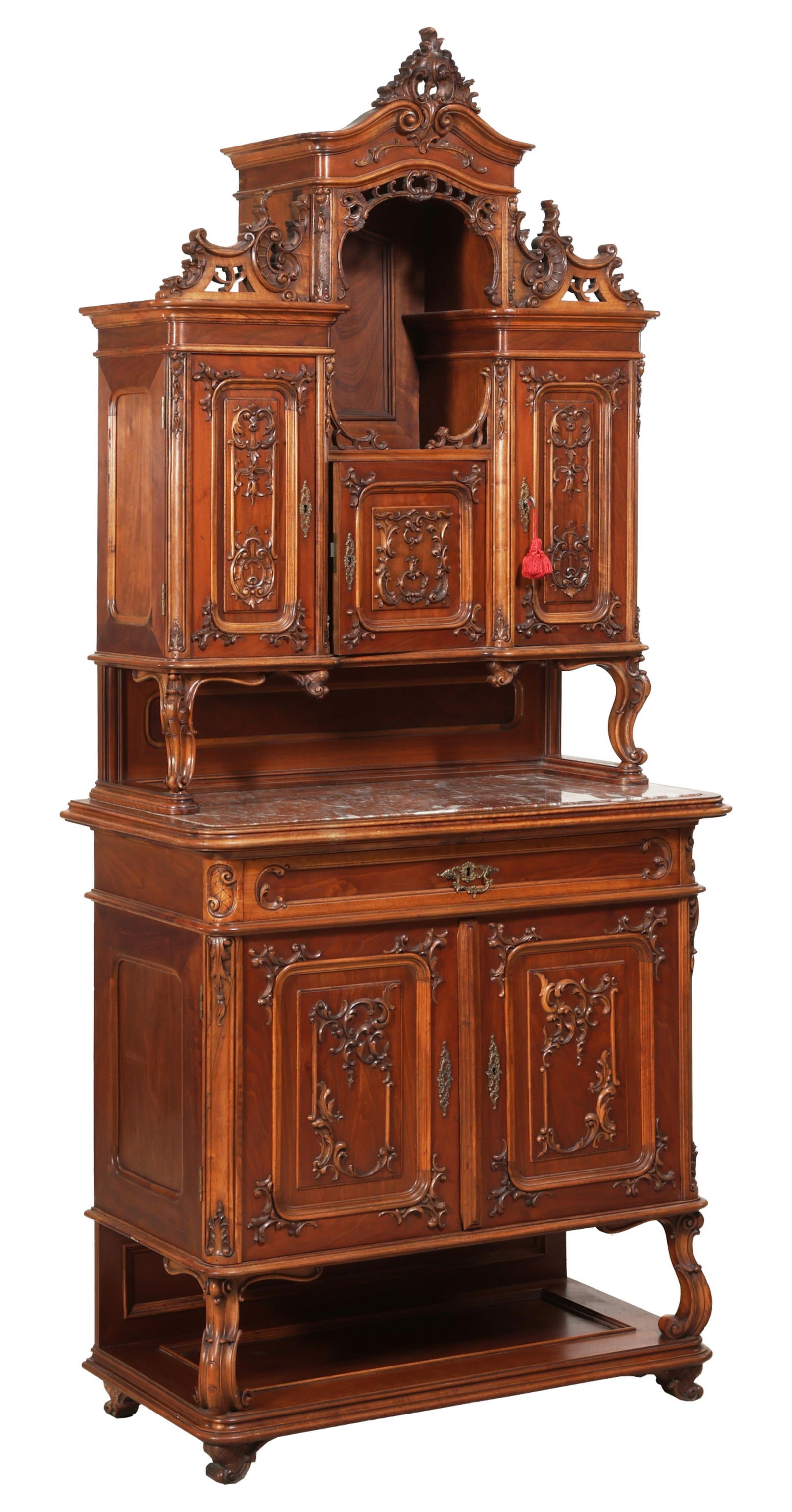 French Louis XV Style Carved Walnut Marble Top Desserte, late 19th c., H.- 98 1/2 in., W.- 44 in., (1 of 3)