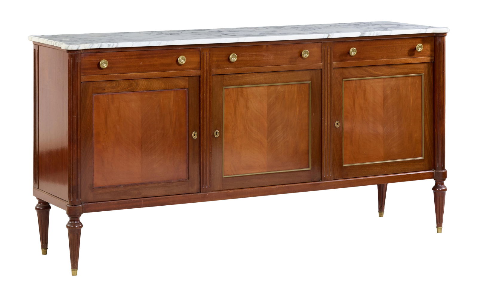 French Louis XVI Style Marble Top Walnut Sideboard, late 20th c., H.- 39 3/4 in., W.- 80 1/4 in., (1 of 2)