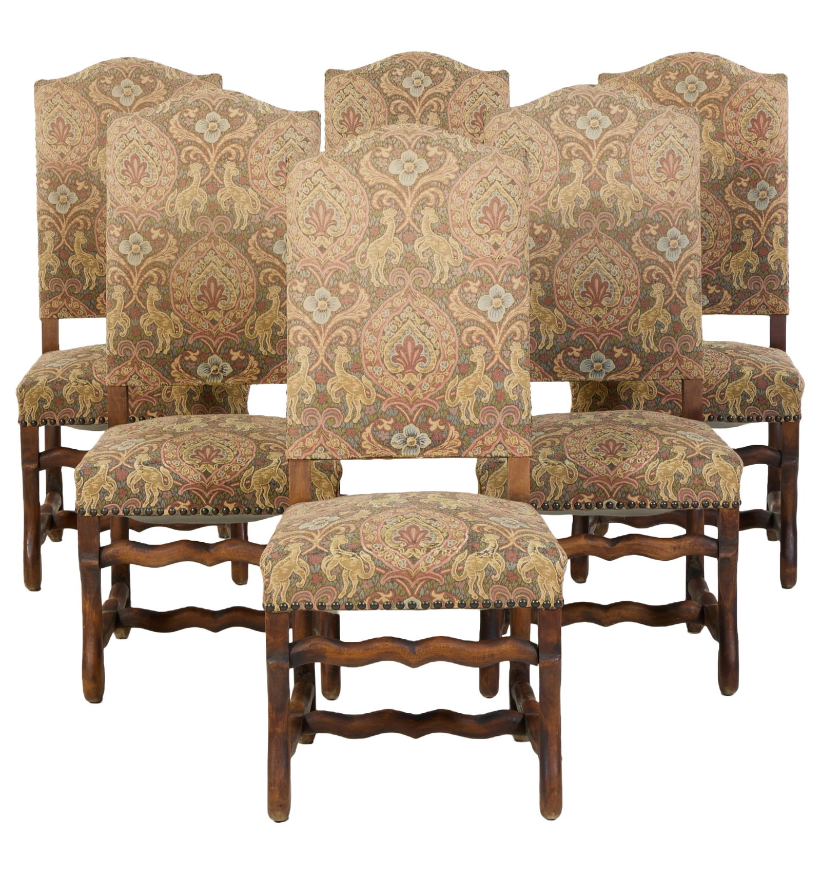 Six French Louis XIII Style Style Os de Mouton Cherry Side Chairs, late 19th c., H.- 44 in., W.- 19: Six French Louis XIII Style Style Os de Mouton Cherry Side Chairs, late 19th c., the arched upholstered backs over trapezoidal seats, sheep bone shaped 'H' stretchered legs, nailhead trim, H.- 44 in.,