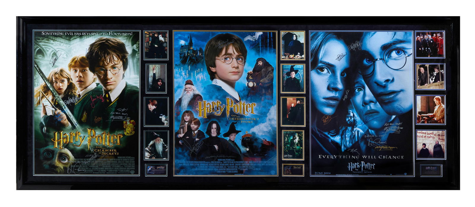 Extra Large Triple Harry Potter Movie Poster and Photos Memorabilia, Overall- H.- 45 in., W.- 112: Extra Large Triple Harry Potter Movie Poster and Photos Memorabilia, includes: Posters from "Harry Potter and the Chamber of Secrets," "Harry Potter and the Philospher's Stone" and "Harry Potter and t
