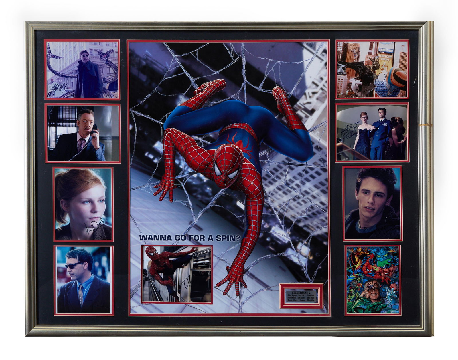 Autographed Spiderman 2 Memorabilia, Overall- H.- 42 3/4 in., W.- 54 7/8 in.: Autographed Spiderman 2 Memorabilia, with photo stills and poster from film, including signatures from: Stan Lee, Tobey Maguire, Kirsten Dunst, Alfred Molina, Sam Raimi, James Franco, Daniel Gillies,