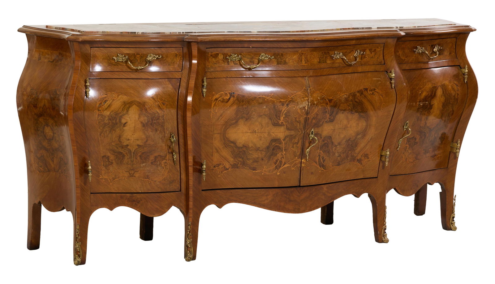 French Transitional Parquetry Marquetry Marble Top Breakfront Bombe Sideboard, early 20th c., H.- 39 (1 of 2)