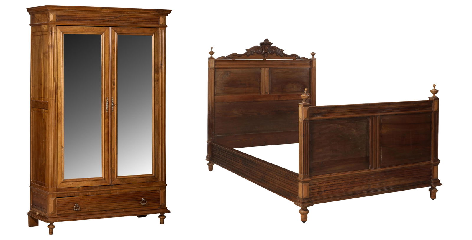 Two Piece French Henri II Style Walnut Bedroom Group, 20th c., Armoire- H.- 86 in., W.- 55 in., D.- (1 of 5)