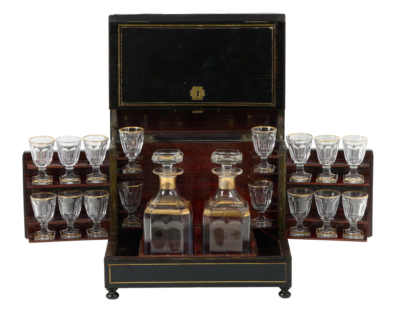 Brass Inlaid Gilt Decorated Mahogany Absinthe Tantalus Set, c. 1900, Closed- H.- 10 1/4 in., W.- 11 (1 of 6)