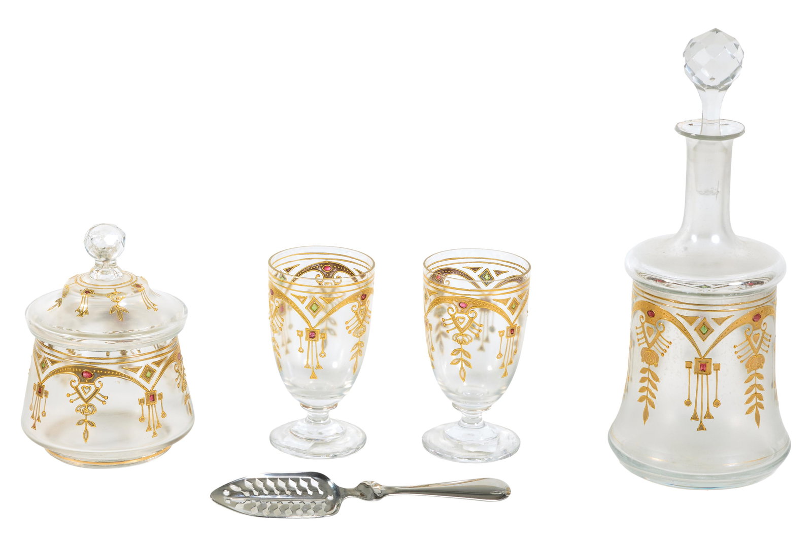 Gilt Decorated Five Piece Crystal Absinthe Set, early 20th c., Decanter- H.- 10 1/4 in., Dia.- 4 1/8 (1 of 1)