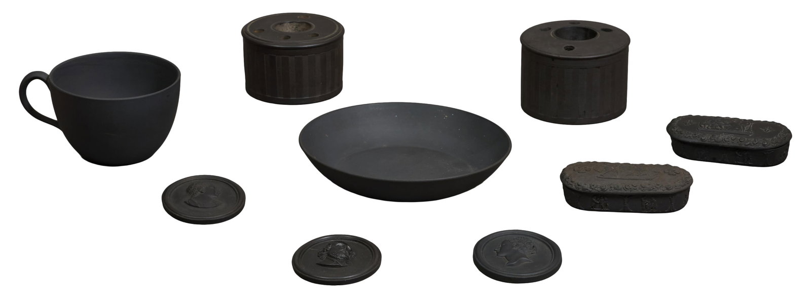 Group of Nine Pieces of Black Basalt Wedgwood, 20th c., Cup- H.- 2 1/2 in., W.- 4 1/2 in., D.- 3 (1 of 12)