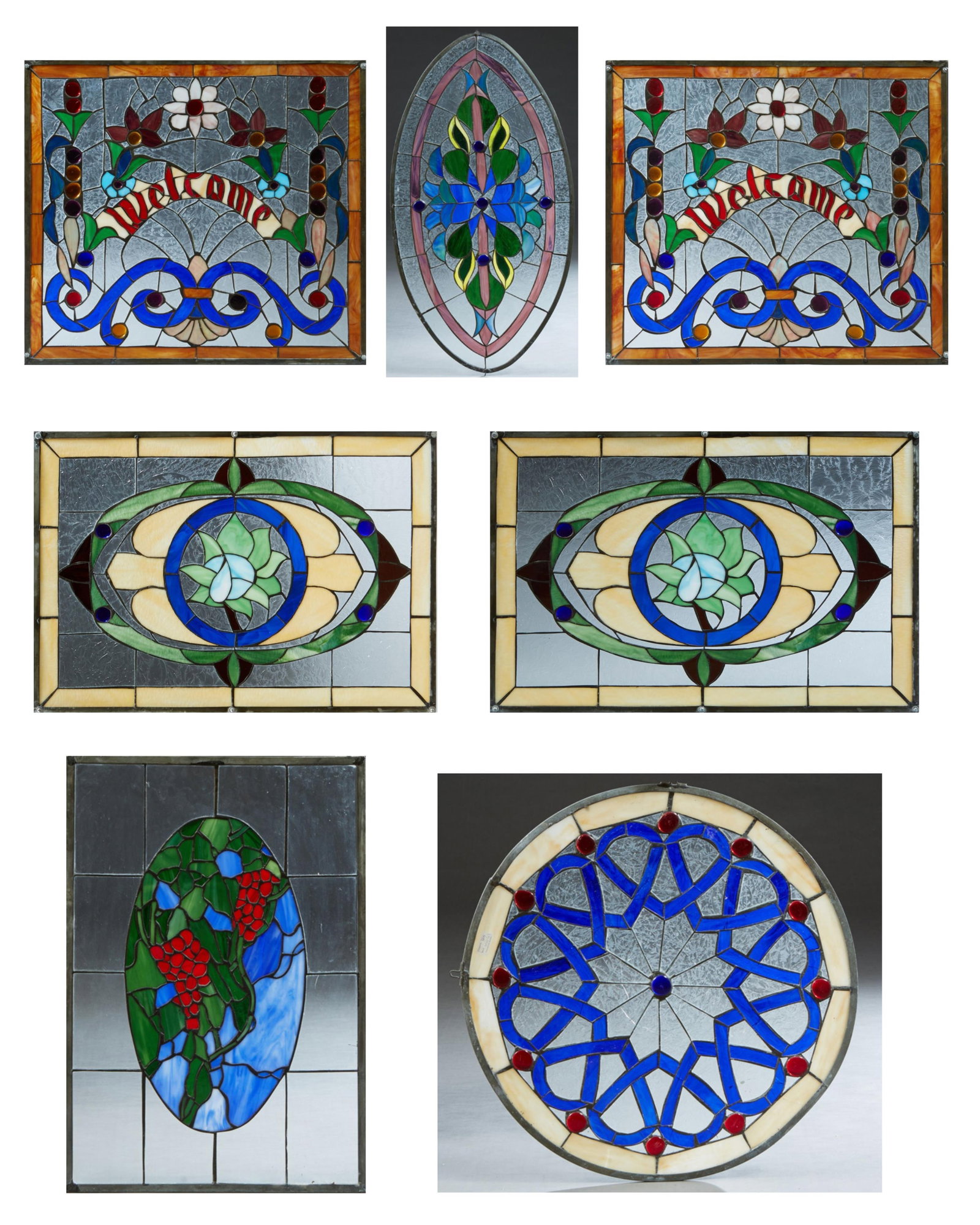 Seven Piece Group of Leaded Stained Glass Windows, early 20th c., Oval- H.- 38 in., W.- 20 1/4 in. (1 of 8)
